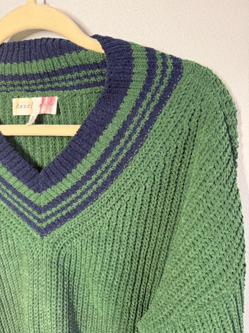 Hazel Moon Womens XL Green/Blue Cropped V Neck Sweater Preppy Academia Varsity - Picture 4 of 10